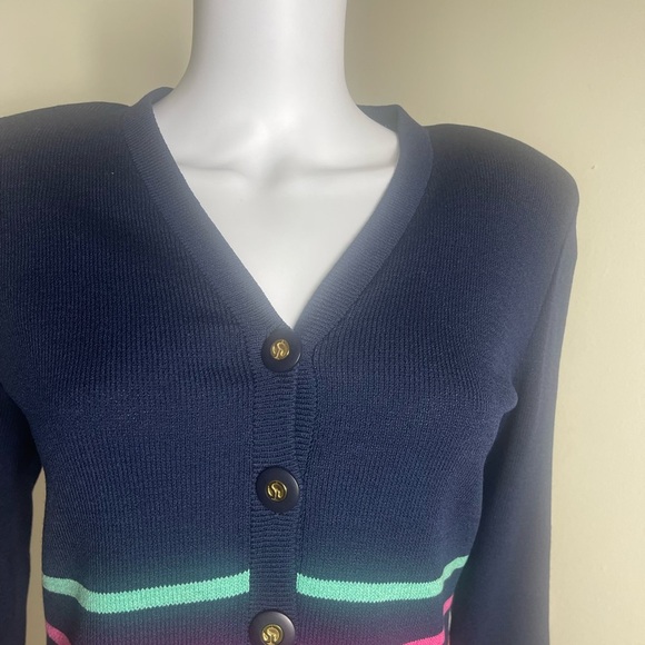 St. John knit Navy Cardigan sweater jacket with Multicolor Stripes - Picture 3 of 9
